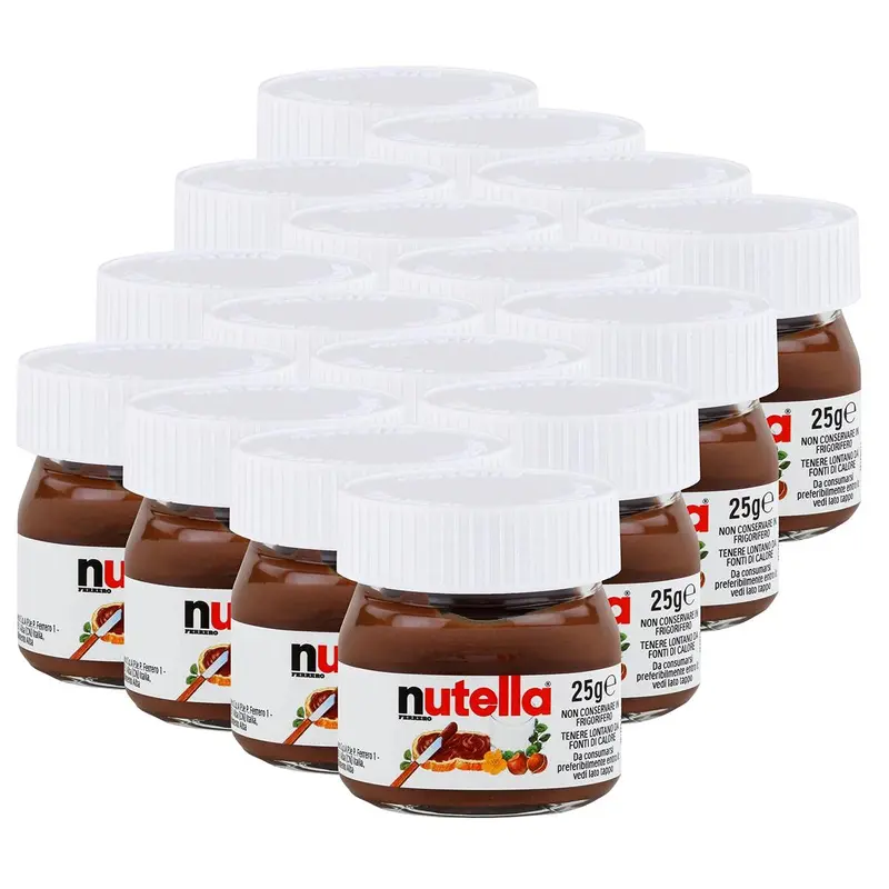 Nutella Mini Tarros de Cristal, Pack de 16x25g. La porción individual perfecta de la crema de avellanas y cacao más famosa del mundo. Ideal para desayunos, meriendas y para llevar.