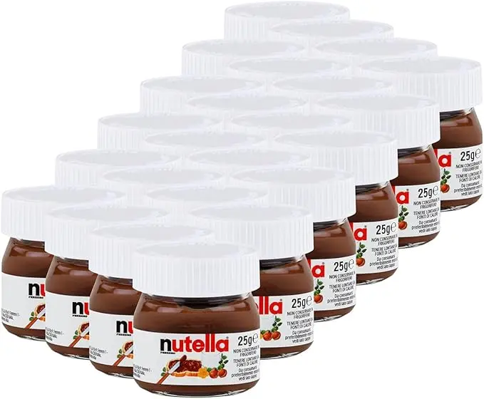 Nutella Mini Tarros de Cristal, Pack de 24x25g. El formato ahorro para tener siempre a mano la porción individual de tu crema de avellanas y cacao favorita. Ideal para familias y hostelería.