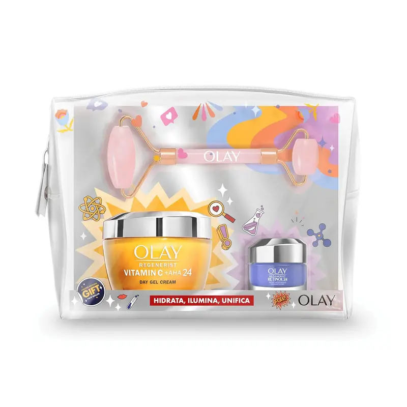 Olay Set de Regalo Iluminador con Gel-Crema Vitamina C + AHA24, Crema de Noche Retinol24, Neceser y Face Roller. Un tratamiento facial completo para una piel radiante.