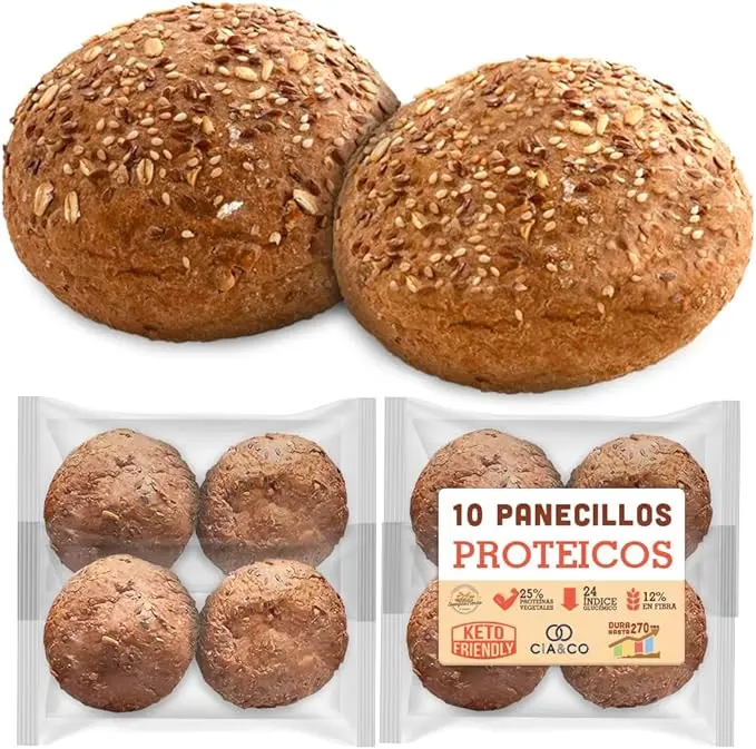 Pack 10 Panecillos Proteicos SiempreTierno (800g), por Cia&Co. Con 28% de proteína y bajos carbohidratos, ideal para dietas Keto. Larga duración de hasta 270 días.