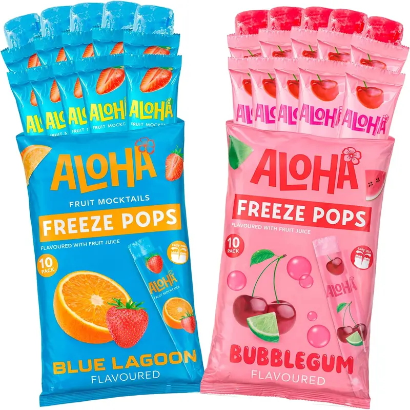 Pack 20 Polos Flash para Congelar ALOHA | 10 Blue Lagoon + 10 Bubblegum Cereza | Polos de Hielo Sabores Tropicales | Cócteles de Frutas Sin Alcohol | Sin Gluten | Selección Cia&Co