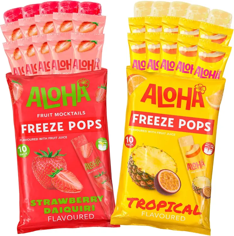 Pack 20 Polos Flash para Congelar ALOHA | 10 Tropical + 10 Daiquiri de Fresa | Polos de Hielo Sabores Tropicales | Cócteles de Frutas Sin Alcohol | Sin Gluten | Selección Cia&Co
