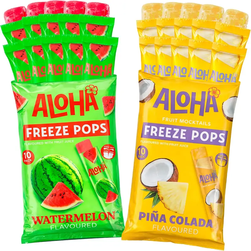 Pack 20 Polos Flash para Congelar ALOHA | 10 Watermelon Sandía + 10 Piña Colada | Polos de Hielo Sabores Tropicales | Cócteles de Frutas Sin Alcohol | Sin Gluten | Selección Cia&Co