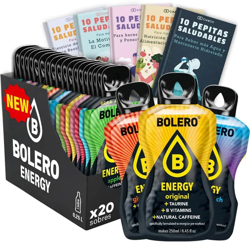 Pack 20 Sobres Bolero ENERGY con sabores variados. Bebida energética en polvo sin azúcar con Taurina, Cafeína Natural y Vitaminas del grupo B. Incluye 50 Pepitas Saludables Cia&Co.