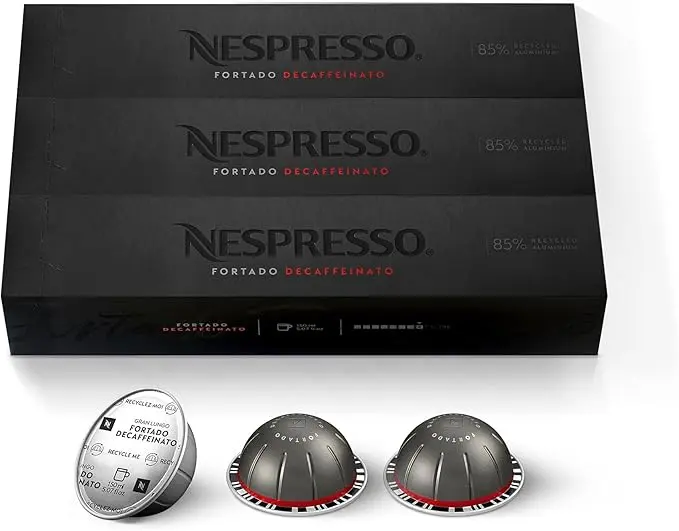 Pack 30 Cápsulas Nespresso Vertuo Fortado Decaffeinato. El Gran Lungo (150ml) más intenso, ahora descafeinado. Intensidad 8 con notas a cacao y madera de roble.