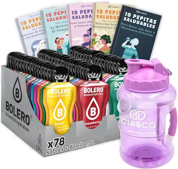 Pack 78 Sobres Bolero Sabores Variados (78x9g) con Botella Morada de 1.5L. Bebida instantánea sin azúcar, sin gluten y con Stevia. Incluye 50 Pepitas Saludables Cia&Co.