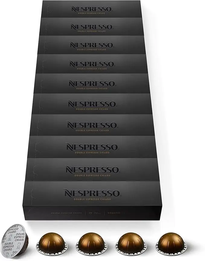 Pack Ahorro 100 Cápsulas Nespresso Vertuo Chiaro. Un café Double Espresso (80 ml) de intensidad 8, ideal para recetas con leche, con notas amaderadas y tostadas.