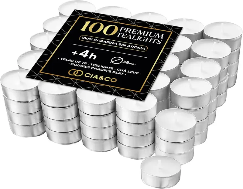 Pack Ahorro 100 Velas de Té Cia&Co Larga Duración +4 Horas. Velitas Blancas Redondas Sin Aroma 100% Parafina. Ideales para Decoración, Hostelería, Eventos y Hogar.