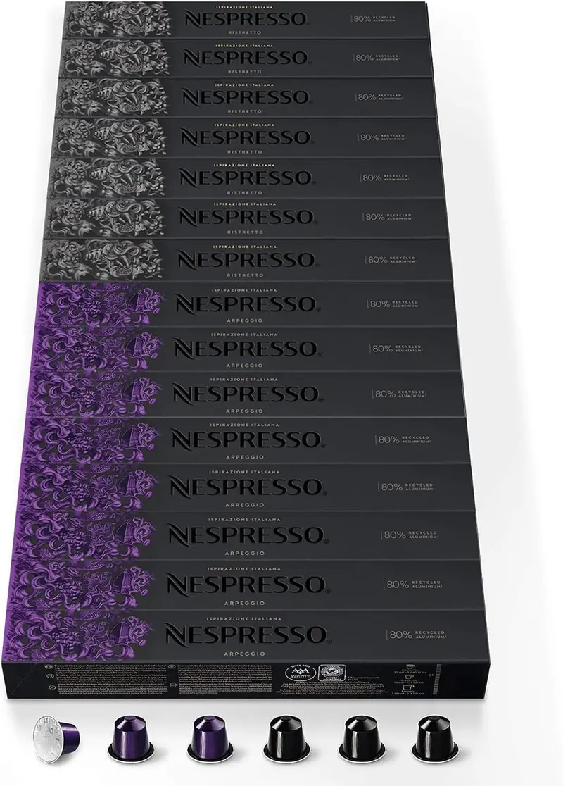Pack Ahorro 150 Cápsulas Nespresso Originales, Selección Arpeggio y Ristretto. Café intenso y cremoso con notas de cacao y chocolate. Intensidad 9 y 10.