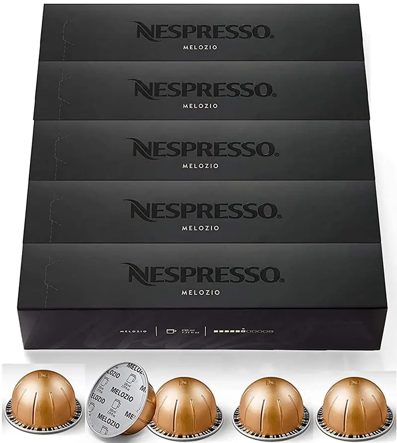 Pack Ahorro 50 Cápsulas Nespresso Vertuo Melozio. Un café suave y equilibrado para taza grande (230ml) de intensidad 6, con deliciosas notas a cereal dulce y miel.