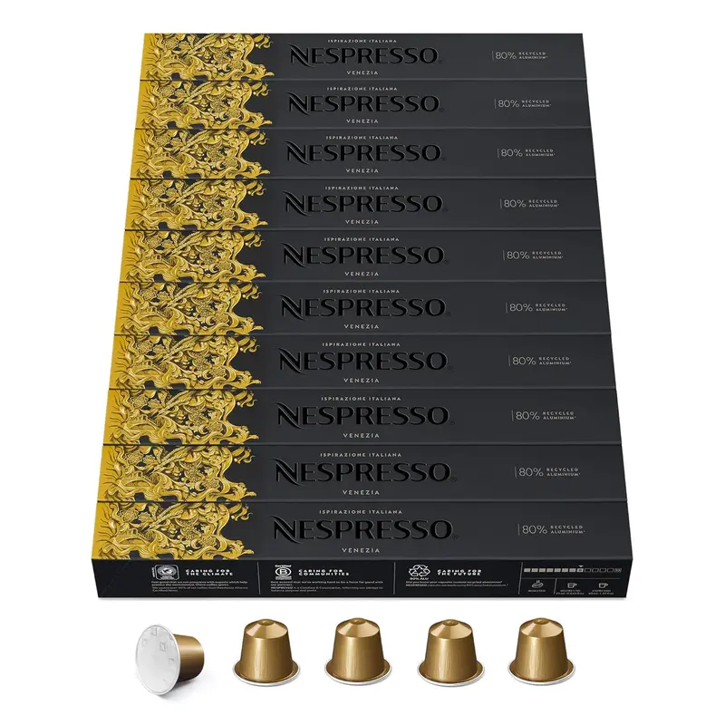 Pack Ahorro de 100 Cápsulas Nespresso Original Ispirazione Venezia. Un café de tueste oscuro compatible con cafeteras Nespresso Original, suave y con notas a caramelo.