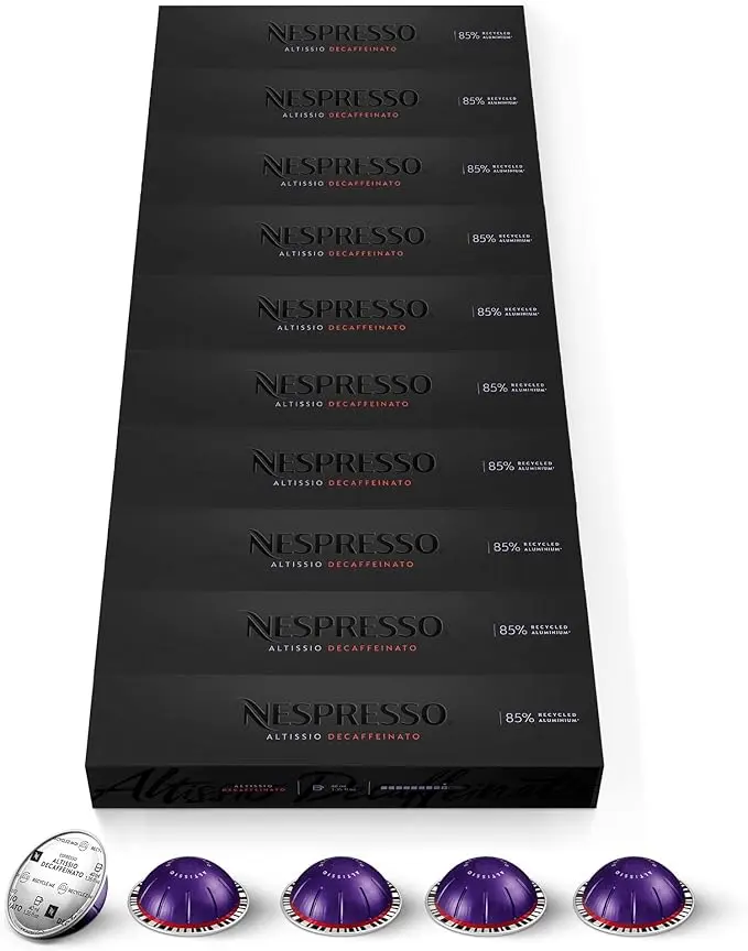 Pack Ahorro de 100 Cápsulas Nespresso Vertuo Altissio Decaffeinato. Café descafeinado de intensidad 9 para espresso (40ml) con cuerpo y notas cremosas de cereal.