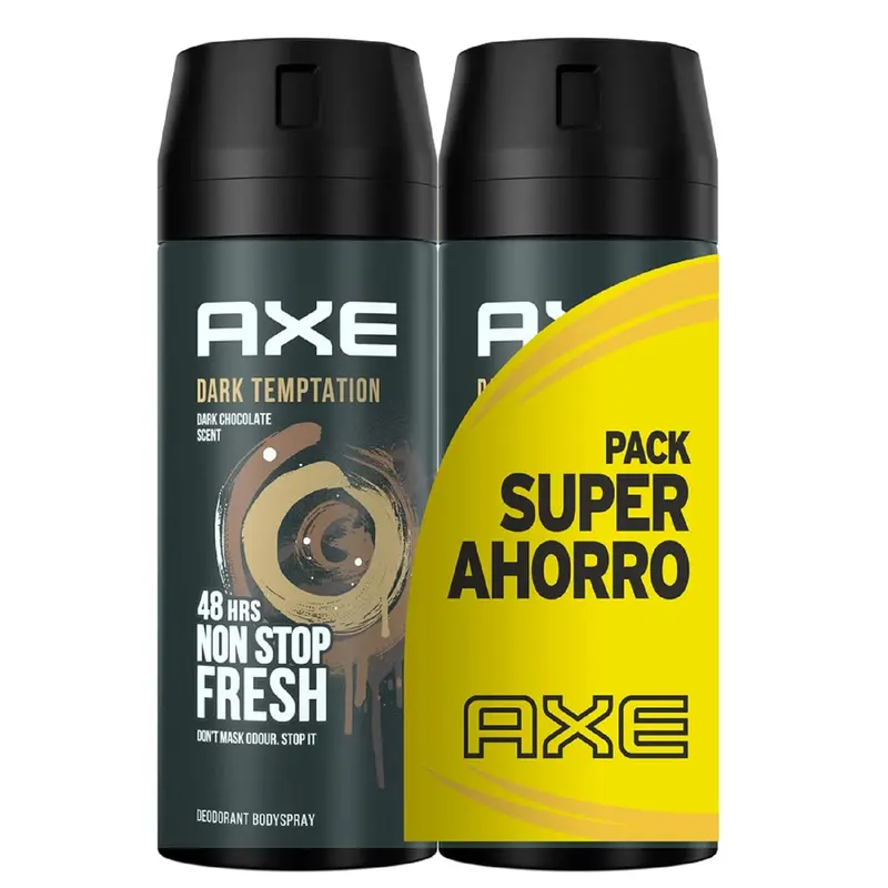 Pack Ahorro de 2 Desodorantes Axe Dark Temptation (2x150 ml). Bodyspray con Tecnología Dual Action y Zinc Complex para una protección irresistible de 48 horas.