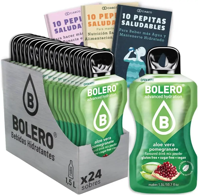 Pack ahorro de 24 sobres de Bebida Bolero sabor Aloe Vera y Granada, una hidratación exótica y saludable sin azúcar. Enriquecido con Vitamina C y Stevia natural.