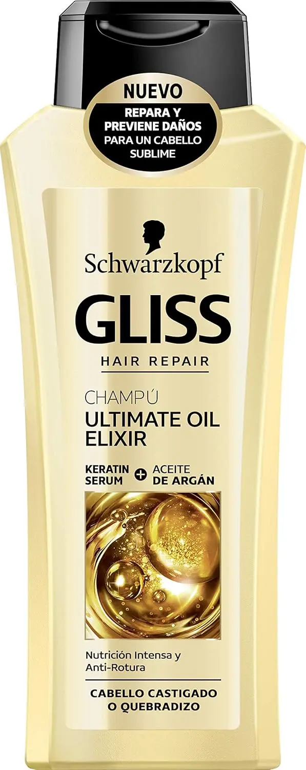 Pack Ahorro de 3 botes de Champú Gliss Ultimate Oil Elixir (3x400ml). Tratamiento con elixir de aceite de argán para reparar y nutrir el cabello quebradizo y seco.