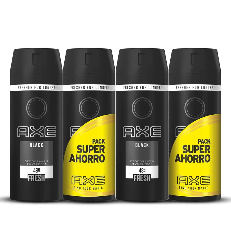 Pack Ahorro de 4 Desodorantes Axe Black (4x150ml, Total 600ml). La fragancia masculina y sofisticada de bergamota, pera y cedro que te protege y te viste para cualquier ocasión.