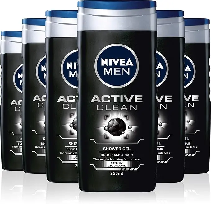 Pack Ahorro de 6 Geles de Ducha NIVEA MEN Active Clean (6x250ml). Un gel 3 en 1 para cuerpo, cara y cabello con carbón activo que limpia la piel en profundidad.