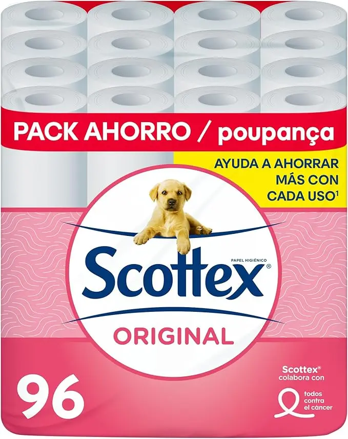 Pack Ahorro de Papel Higiénico Scottex Original con 96 rollos. Formato familiar con 6 paquetes de 16 rollos, con la textura OndaSuave para un cuidado completo.