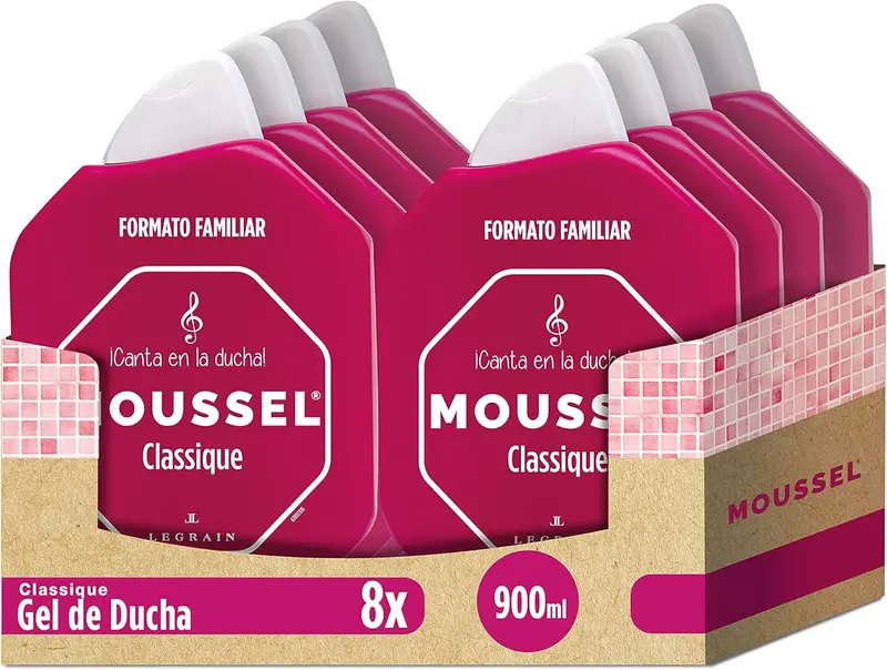 Pack Ahorro Familiar de 8 botes de Gel de Ducha Moussel Classique Original (8x900ml). Disfruta del aroma inconfundible y la espuma cremosa del gel de baño más icónico.