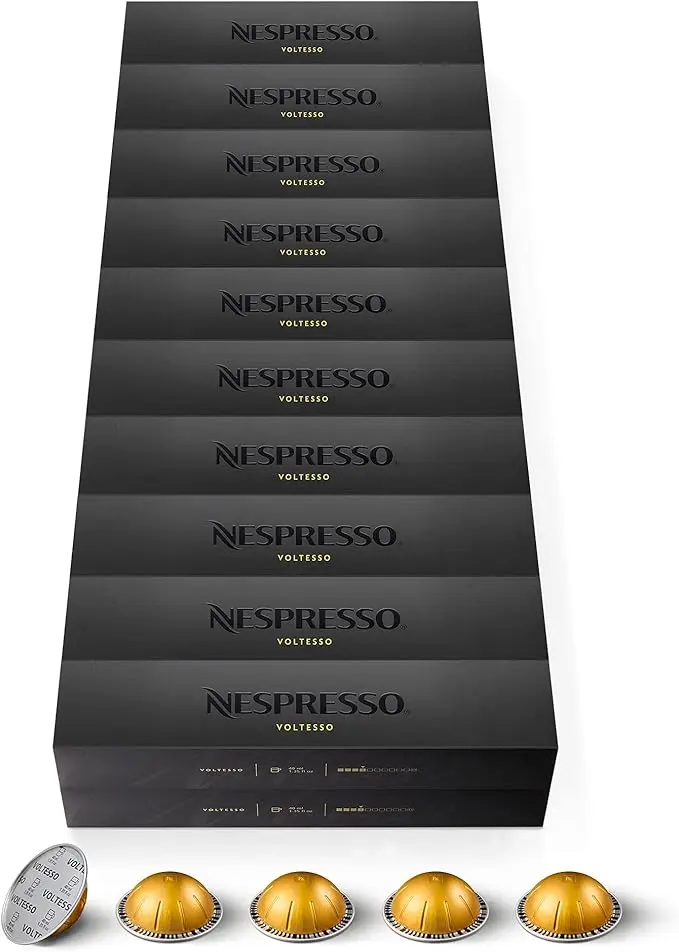 Pack Ahorro Nespresso Vertuo Voltesso 200 Cápsulas de Café. Espresso suave (40ml) de intensidad 4, con delicadas notas a galleta dulce. Ideal para tener siempre tu café favorito a mano.