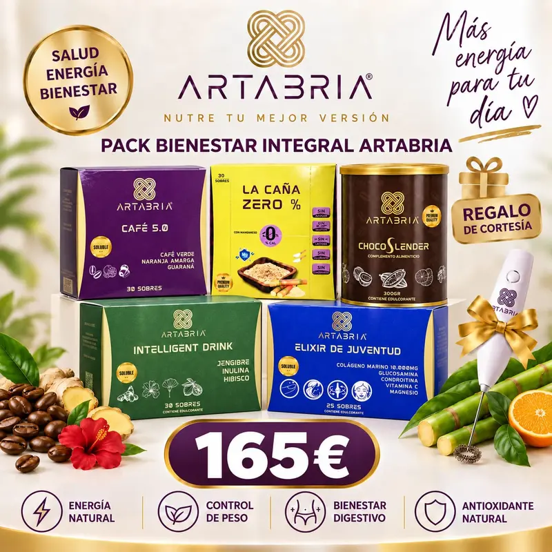 Pack Artabria con Café 5.0 + Bebida I.D. + Cacao Chocoslender + Elixir de Juventud + Caña Cero con regalo de cortesia y ebook menú antinflamatorio