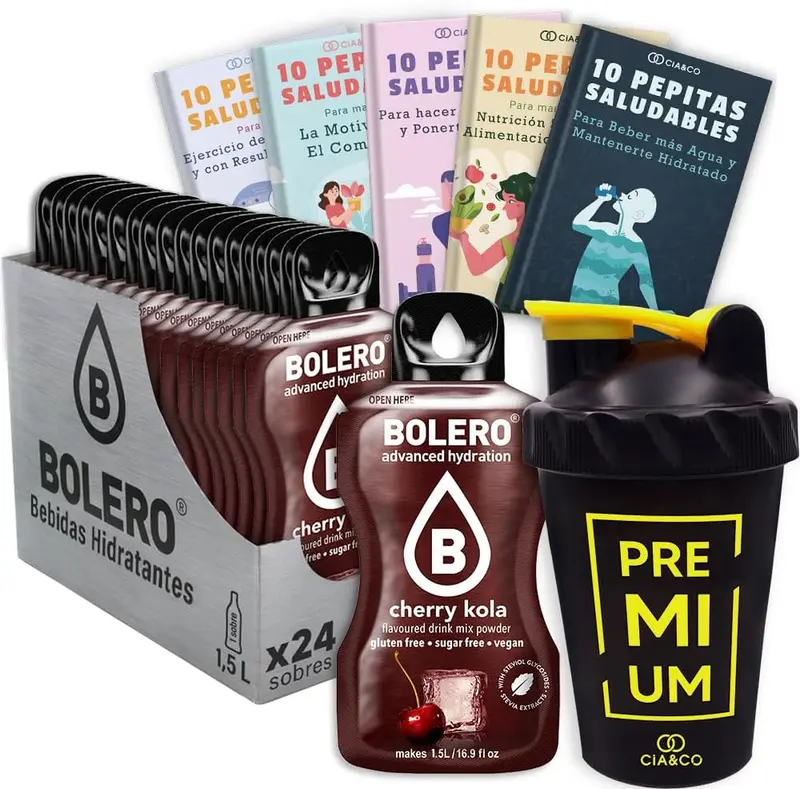 Pack Bolero Sabor Cereza Cola (24 sobres) con Botella Shaker