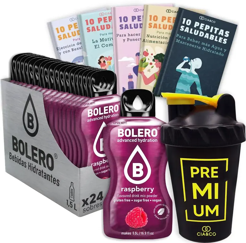 Pack Bolero Sabor Frambuesa (24 sobres) con Botella Shaker Cia&Co