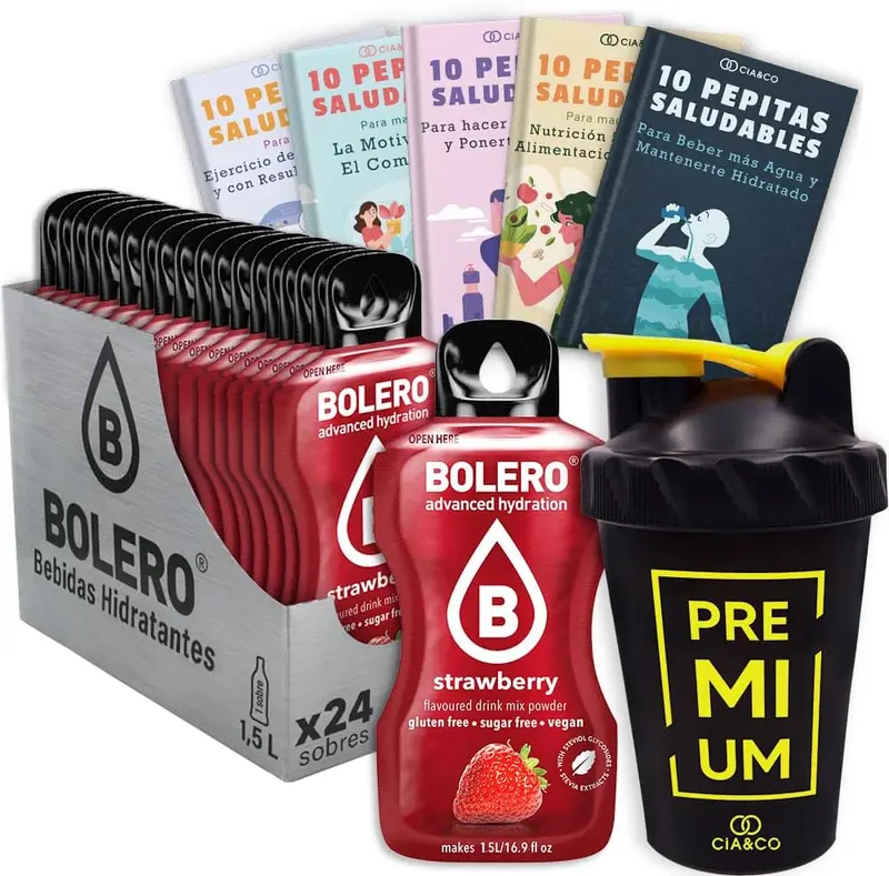 Pack Bolero Sabor Fresa (24 sobres) con Botella Shaker Cia&Co