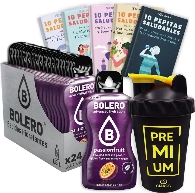Pack Bolero Sabor Fruta de la Pasión (24 sobres) con Botella Shaker
