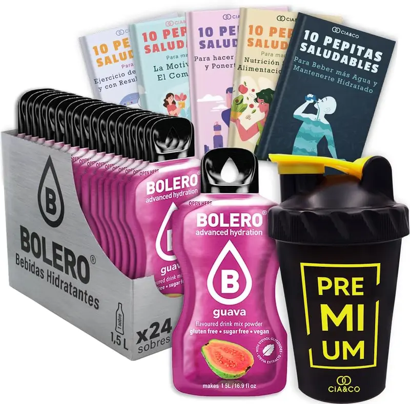 Pack Bolero Sabor Guayaba (24 sobres) con Botella Shaker Cia&Co
