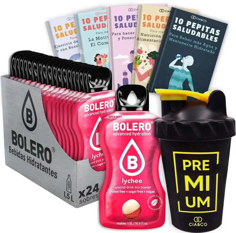Pack Bolero Sabor Lichi (24 sobres) con Botella Shaker Cia&Co