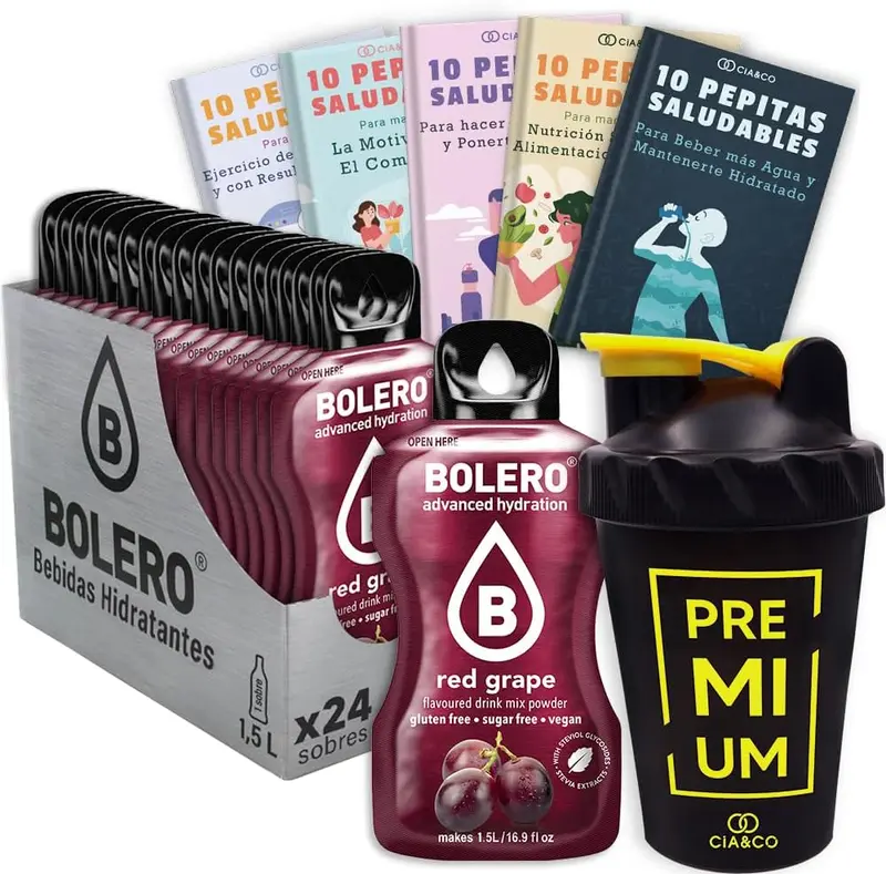 Pack Bolero Sabor Uva Roja (24 sobres) con Botella Shaker Cia&Co
