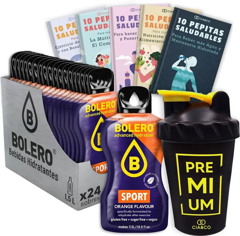 Pack Bolero Sport Naranja Isotónico (24 sobres) con Botella Shaker