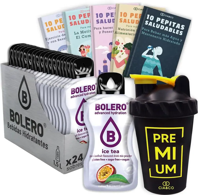 Pack Bolero Té Helado Fruta de la Pasión (24 sobres) con Botella Shaker