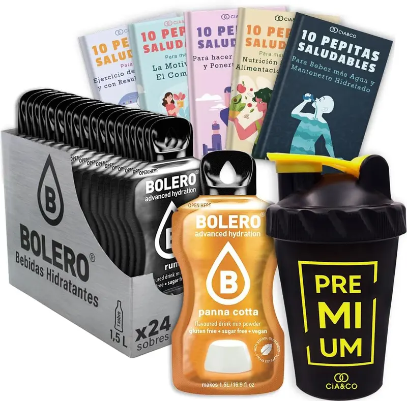 Pack completo con 24 sobres de Bolero sabor Panacota, 50 Pepitas Saludables y una botella shaker de 500 ml. Tu kit ideal para una hidratación deliciosa.