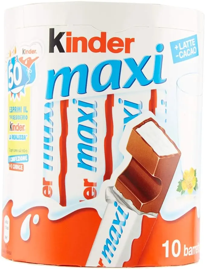 Pack de 10 Barritas Kinder Chocolate Maxi (210g). Las chocolatinas individuales con más leche y menos cacao, ideales para la merienda de los niños.