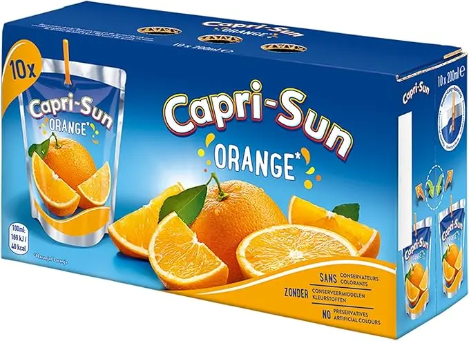 Pack de 10 Capri-Sun de Naranja, 10 envases de 20cl cada uno. La bebida refrescante de zumo de frutas ideal para la merienda de los niños, fiestas y para llevar a cualquier parte.