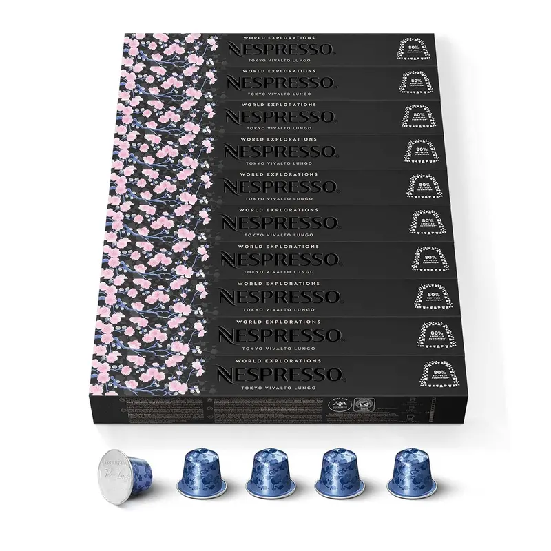 Pack de 100 Cápsulas Nespresso Tokyo Vivalto Lungo. Un café largo, floral y refinado de intensidad 6, inspirado en la elegancia japonesa. Compatible con Sistema Original.