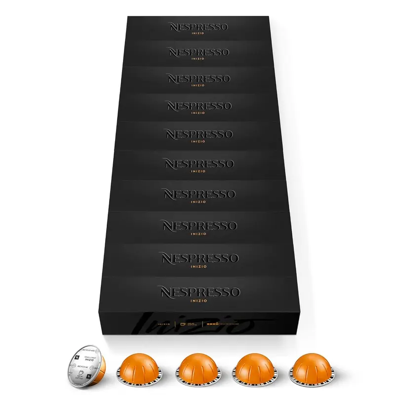 Pack de 100 Cápsulas Nespresso Vertuo Inizio. Un café Gran Lungo (150 ml) de intensidad 4, con notas florales y a cereal tostado, exclusivo para sistema Vertuo.