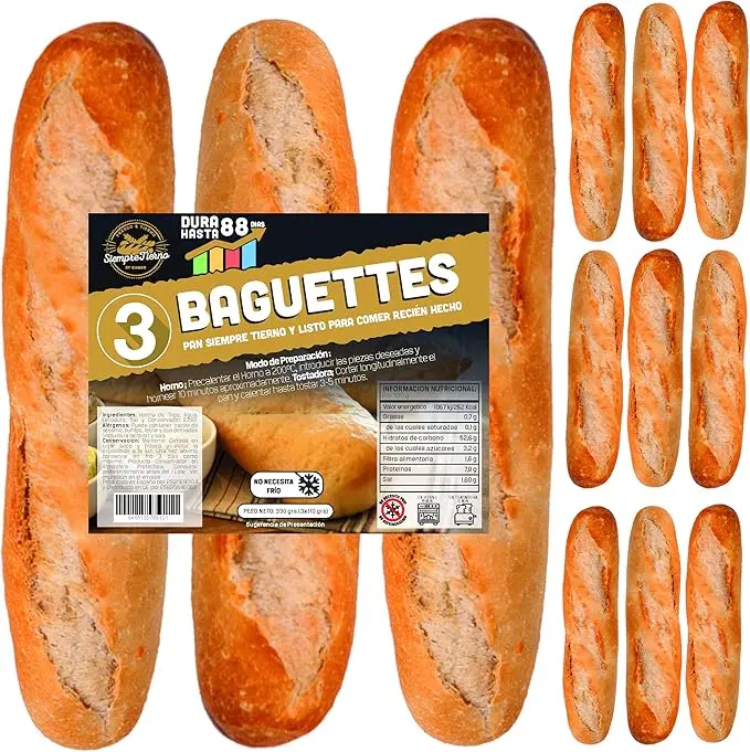 Pack de 12 Baguettes de Pan Precocido SiempreTierno (1.32kg), Pan de Larga Duración. Disfruta de pan recién hecho en minutos, tierno y crujiente, sin necesidad de frío o congelación.
