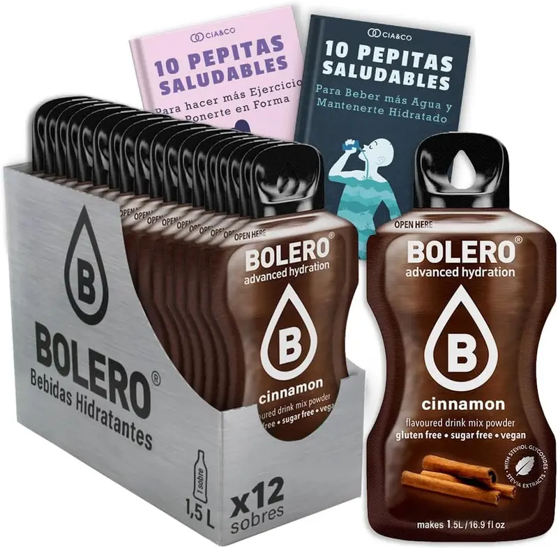 Pack de 12 Bebidas Bolero Sabor Canela, el toque dulce y especiado para tu agua sin azúcar. Con Vitamina C y Stevia, la elección saludable para tu día a día.