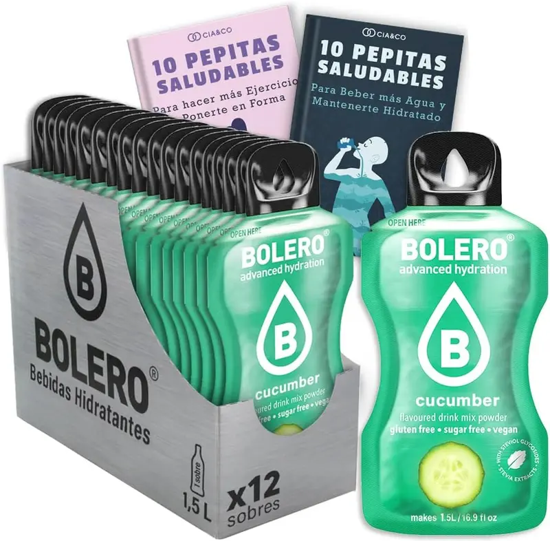 Pack de 12 Bebidas Bolero Sabor Pepino, la forma más original y refrescante de beber agua. Sin azúcar, con Vitamina C y un sabor que te cautivará.