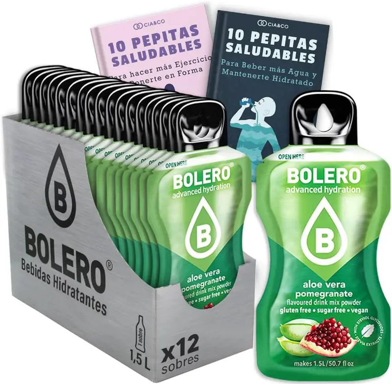 Pack de 12 sobres de Bebida Bolero sabor Aloe Vera y Granada. La forma más refrescante y exótica de hidratarte sin azúcar. Con Vitamina C y Stevia.