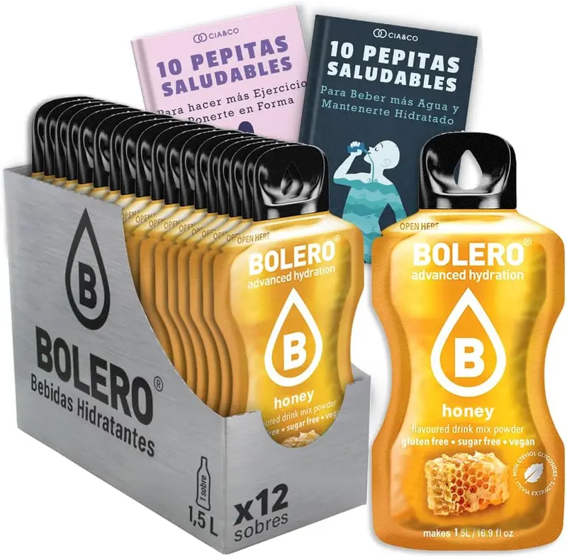 Pack de 12 sobres de bebida Bolero sabor Miel, sin azúcar y baja en calorías. Ideal para una hidratación saludable. Incluye 20 Pepitas Saludables de Cia&Co para potenciar tu bienestar.