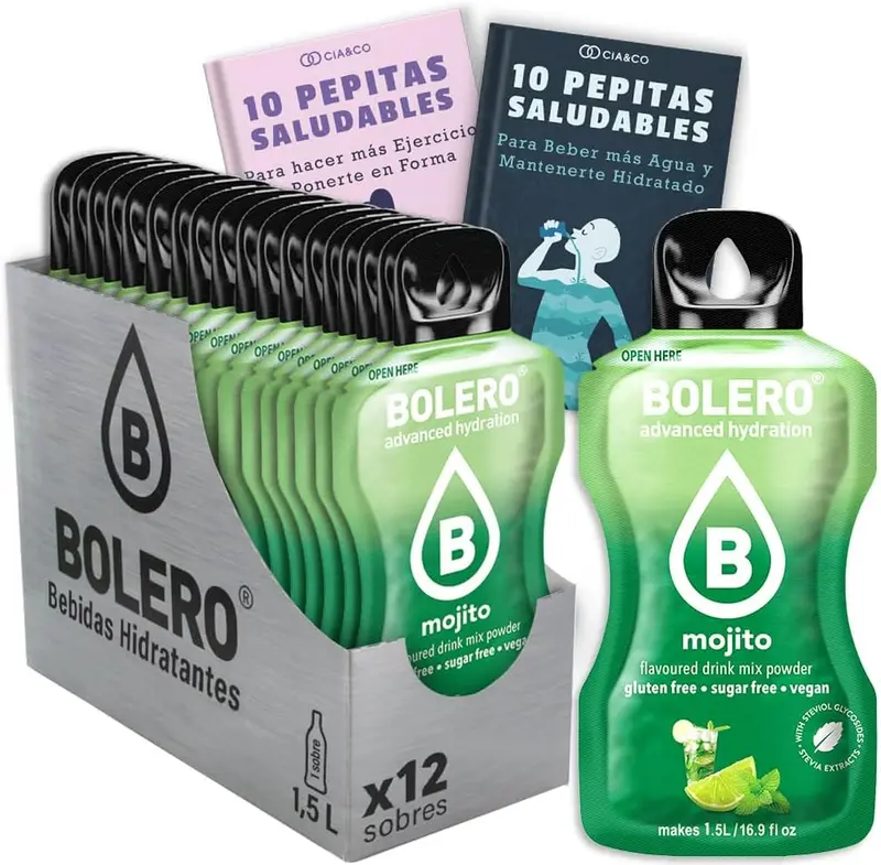 Pack de 12 sobres de Bebida Bolero sabor Mojito, una explosión refrescante sin azúcar. Ideal para hidratarte de forma saludable y deliciosa con Vitamina C.