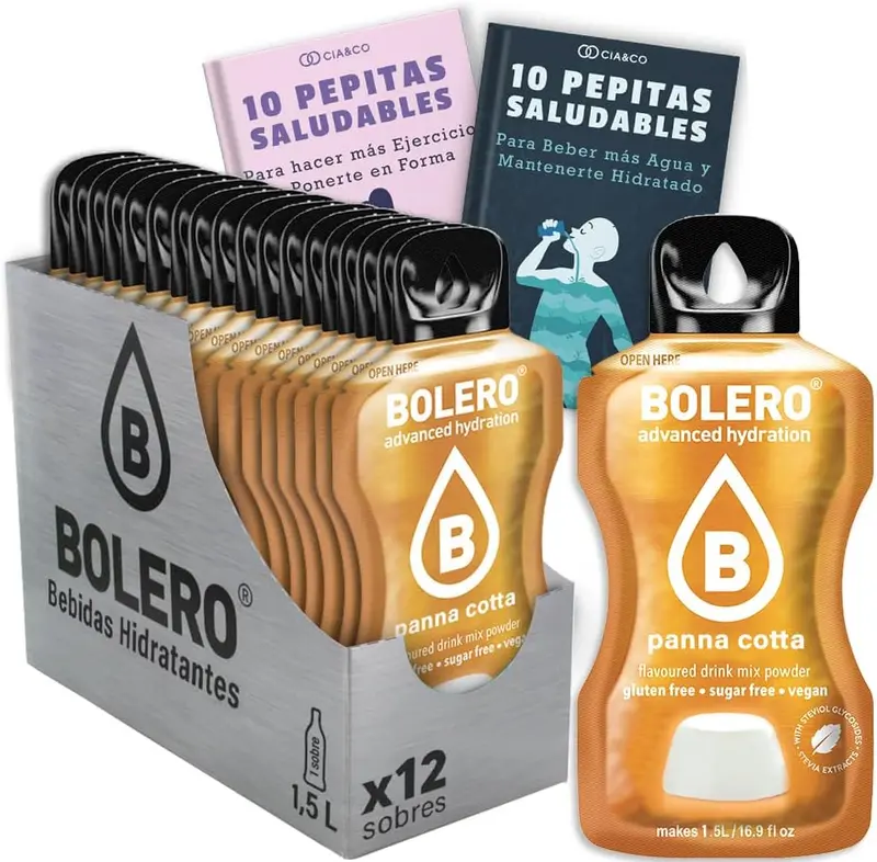Pack de 12 sobres de Bebida Bolero sabor Panacota, la forma más dulce de hidratarte sin azúcar. Con Vitamina C, Stevia y 20 Pepitas Saludables de Cia&Co.