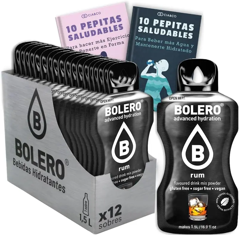 Pack de 12 sobres de Bebida Bolero sabor Ron, la forma más saludable de disfrutar de un sabor caribeño sin alcohol. Con Stevia y 20 Pepitas Saludables Cia&Co.