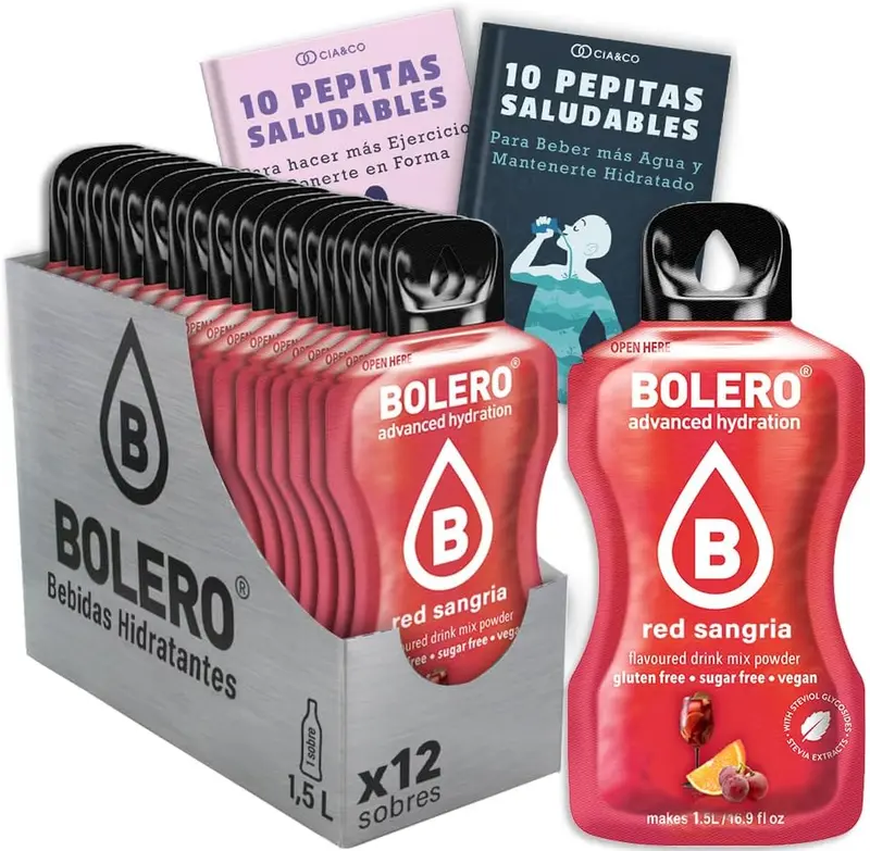 Pack de 12 sobres de Bebida Bolero sabor Sangría Roja, la opción ideal para una hidratación con sabor a fiesta, sin azúcar y con 20 Pepitas Saludables Cia&Co.
