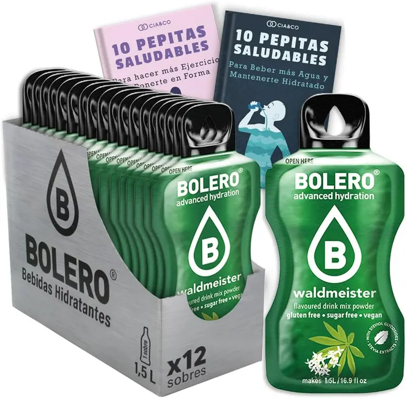 Pack de 12 sobres de Bolero Aspérula, la bebida saborizada sin azúcar para preparar 24 litros. Incluye 20 Pepitas Saludables de Cia&Co para una vida más activa.