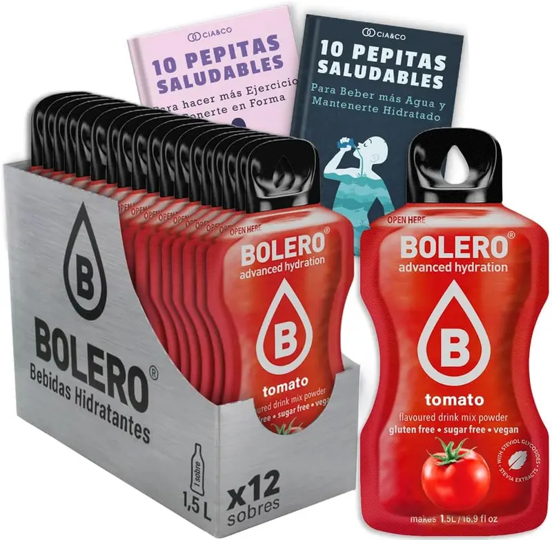 Pack de 12 sobres de Bolero Tomate, la bebida saborizada sin azúcar para 24 litros. Incluye 20 Pepitas Saludables de Cia&Co para una vida más activa y creativa.